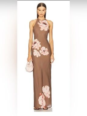 Brown Halter Maxi Dress with Pink Floral Detail